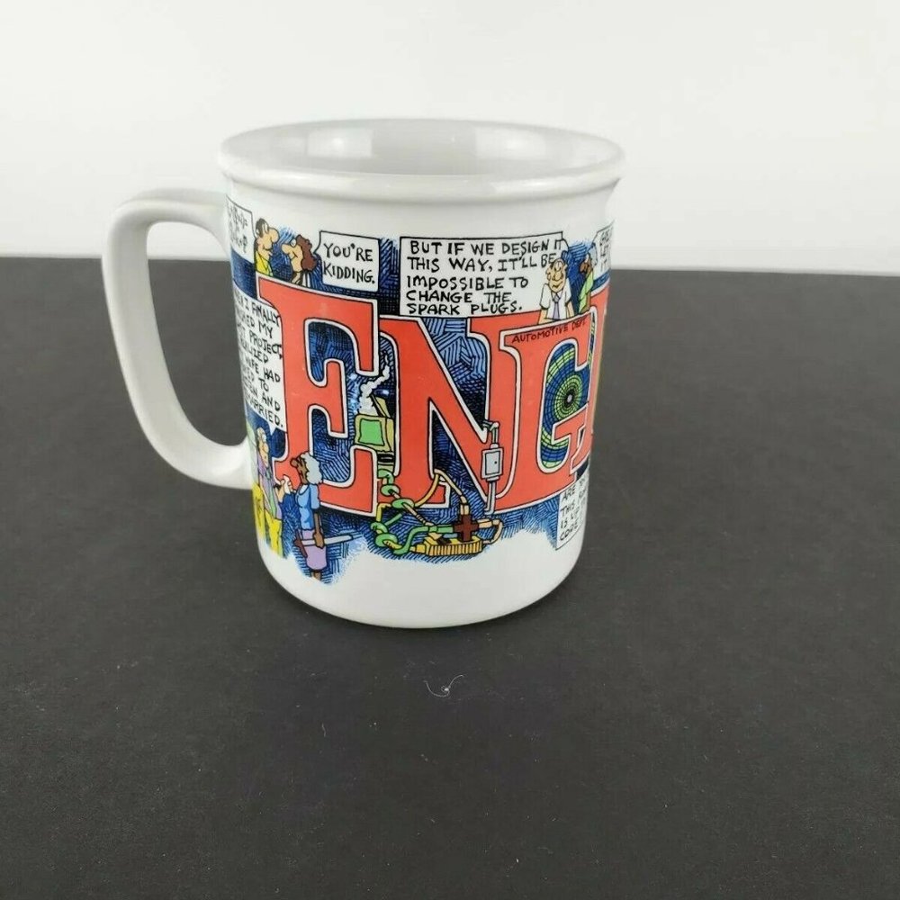 Vtg 1986 PETER TREASURE MASTERS Comic ENGINEER Coffee Mug Tea Cup Made in Japan